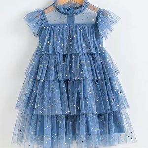 Little girl blue dress with gold stars